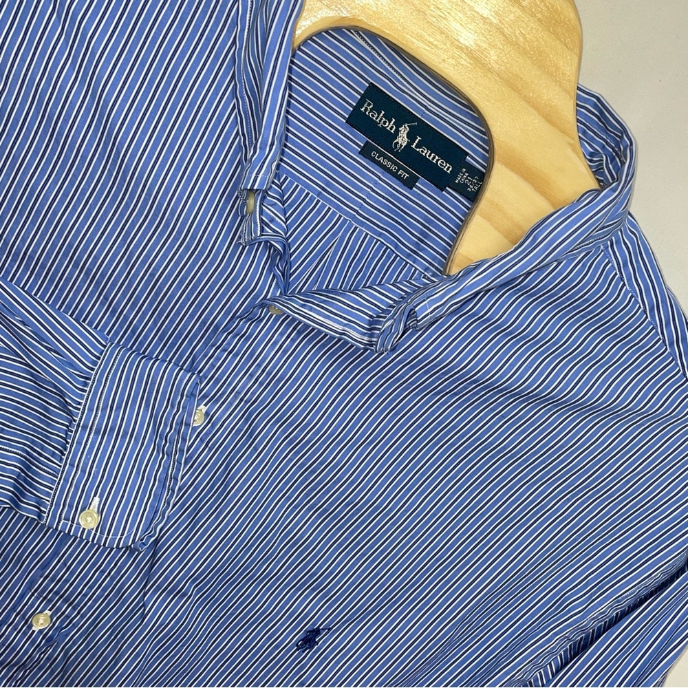 Ralph Lauren Classic Fit Blue Striped Button Down Men's Size 21 36/37 Tall